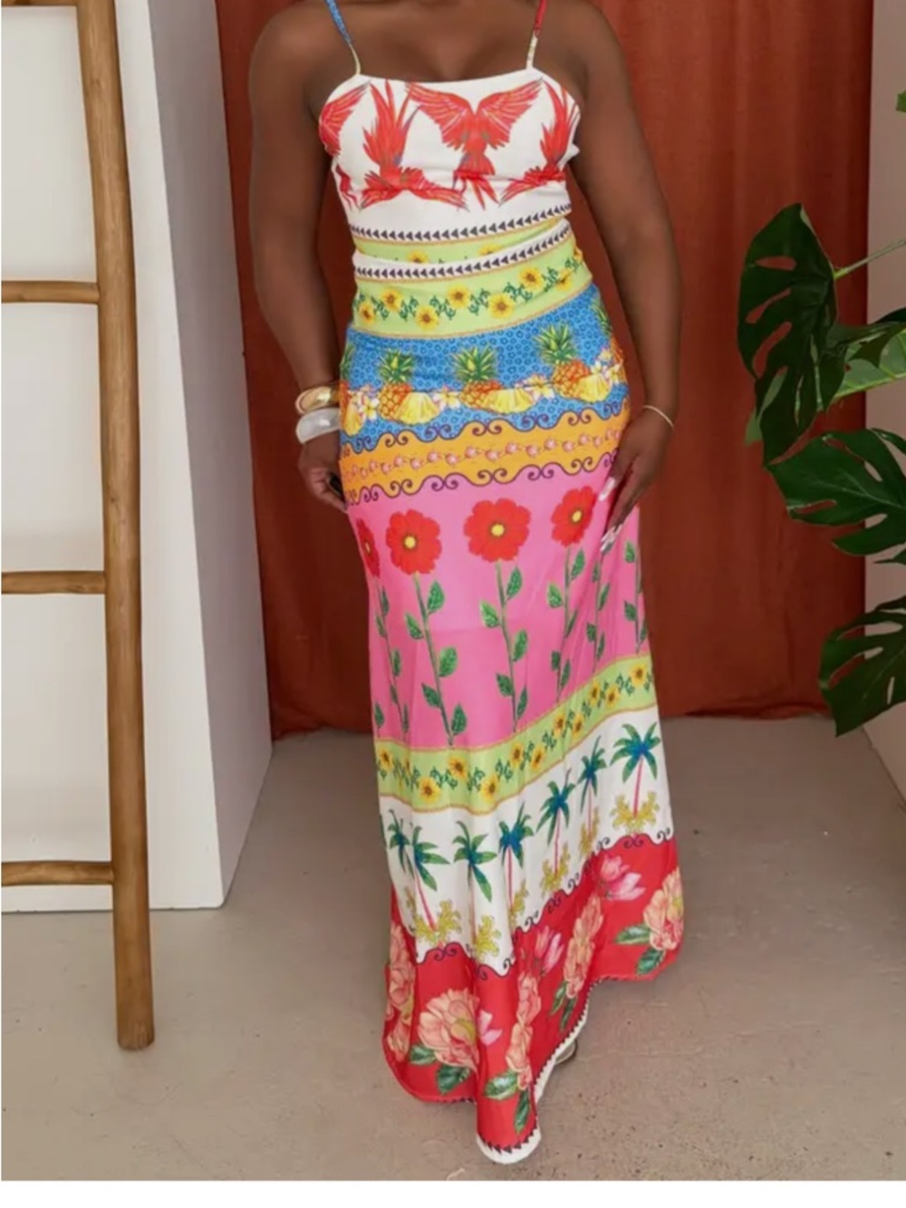 Colorful Tropical Maxi Dress with Floral & Pineapple Print
